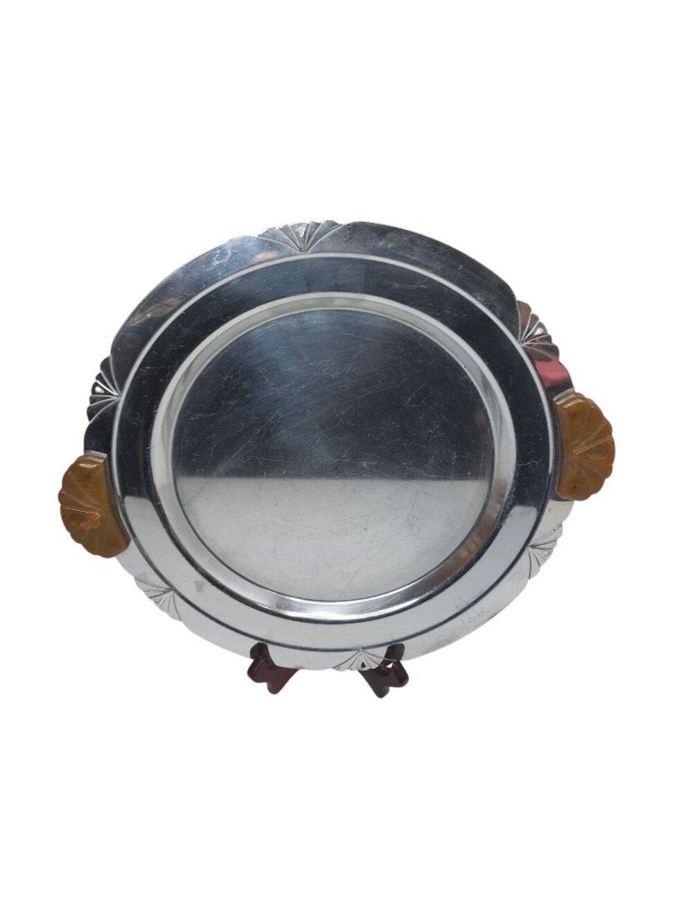 Art Deco Chrome & Bakelite Serving Tray Carved Handles Vintage Round Platter AS